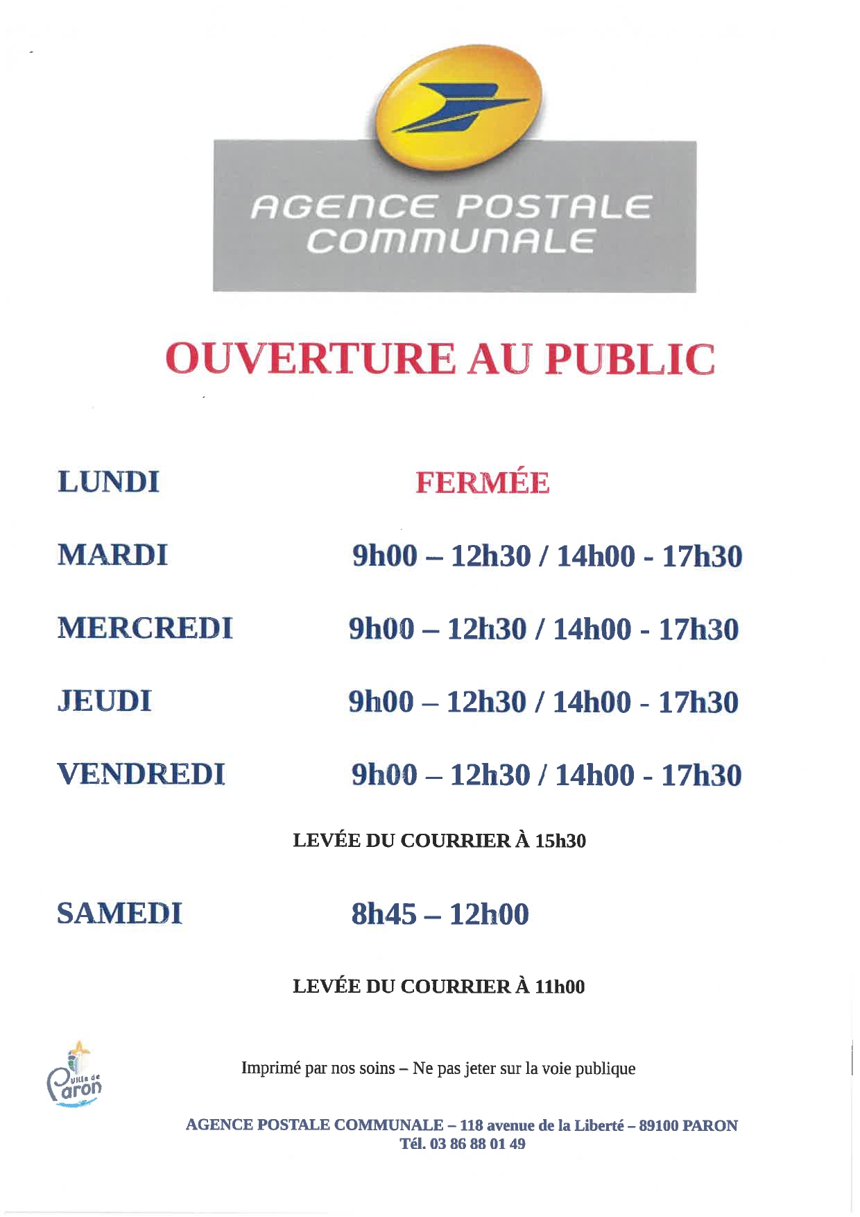 horaires poste