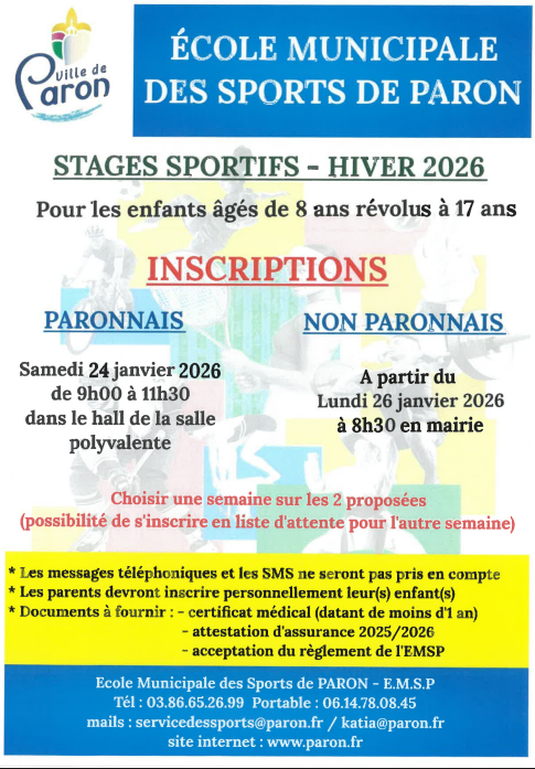 Pour info, il reste 6 places pour les stages sportifs organisés par le service des sports sur la semaine du 16 au 20 février 2026.