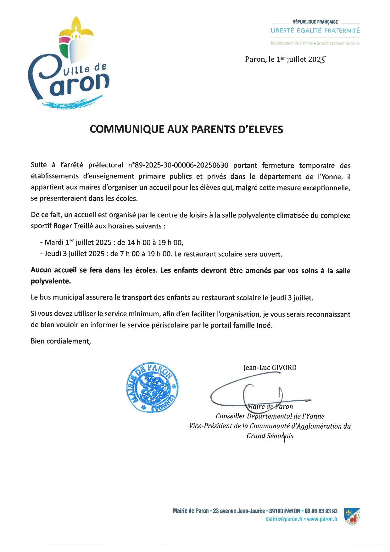 Communiqué fermeture des écoles - service minimum