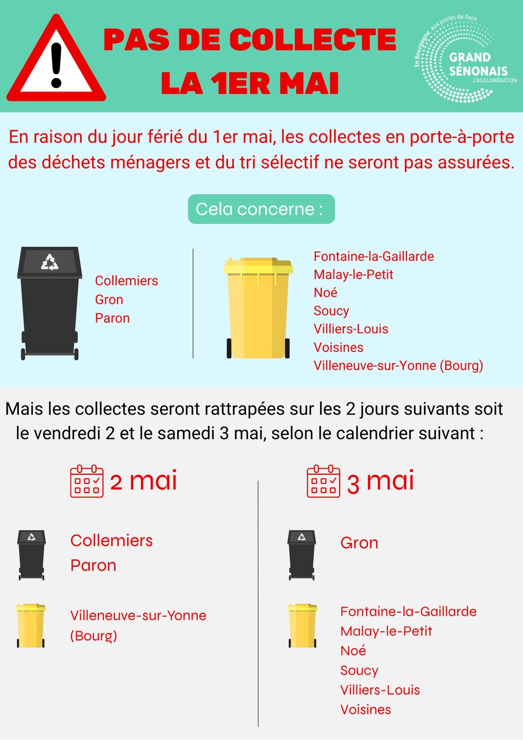EN RAISON DU JOUR FÉRIÉ DU 1ER MAI, LES COLLECTES OMR ET TRI SÉLECTIF SONT REPORTÉES.