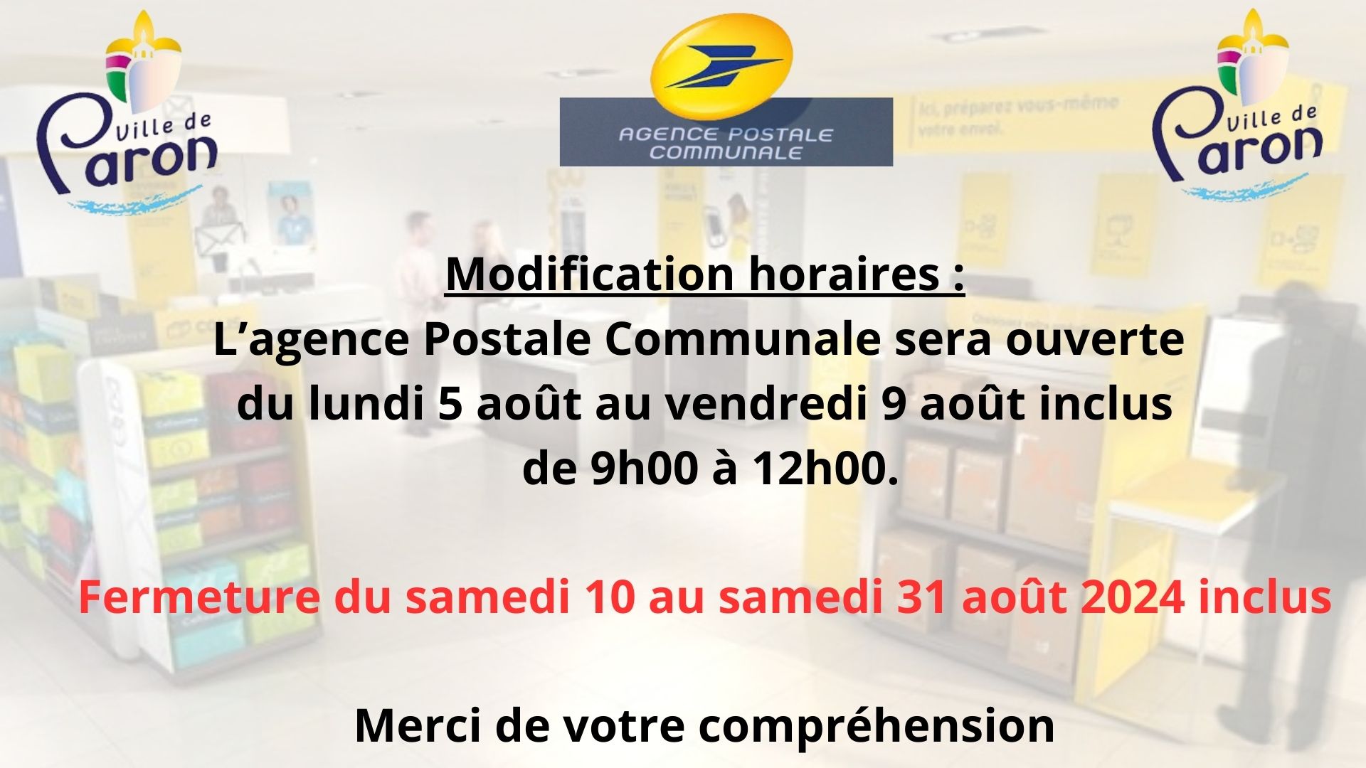 Modification des horaires de l'Agence Postale communale