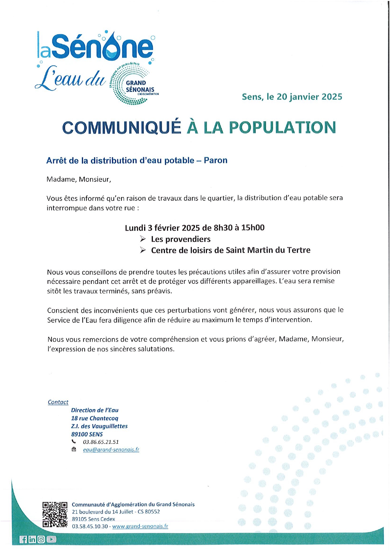 Arrêt d'eau - lundi 03  février 2025 