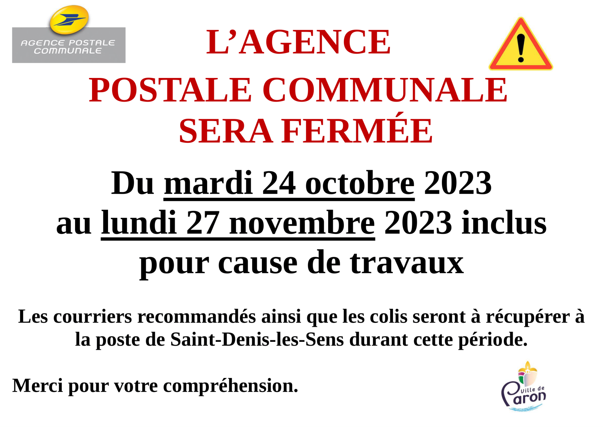 Fermeture de L'Agence Postale Communale - du 24/10/2023 au 27/11/2023