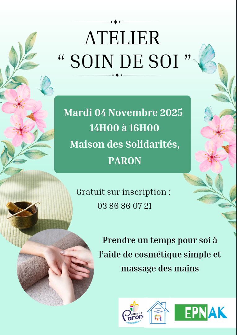 UN ATELIER PRENDRE SOIN DE SOI AURA LIEU À LA MAISON DES SOLIDARITÉS LE MARDI 4 NOVEMBRE