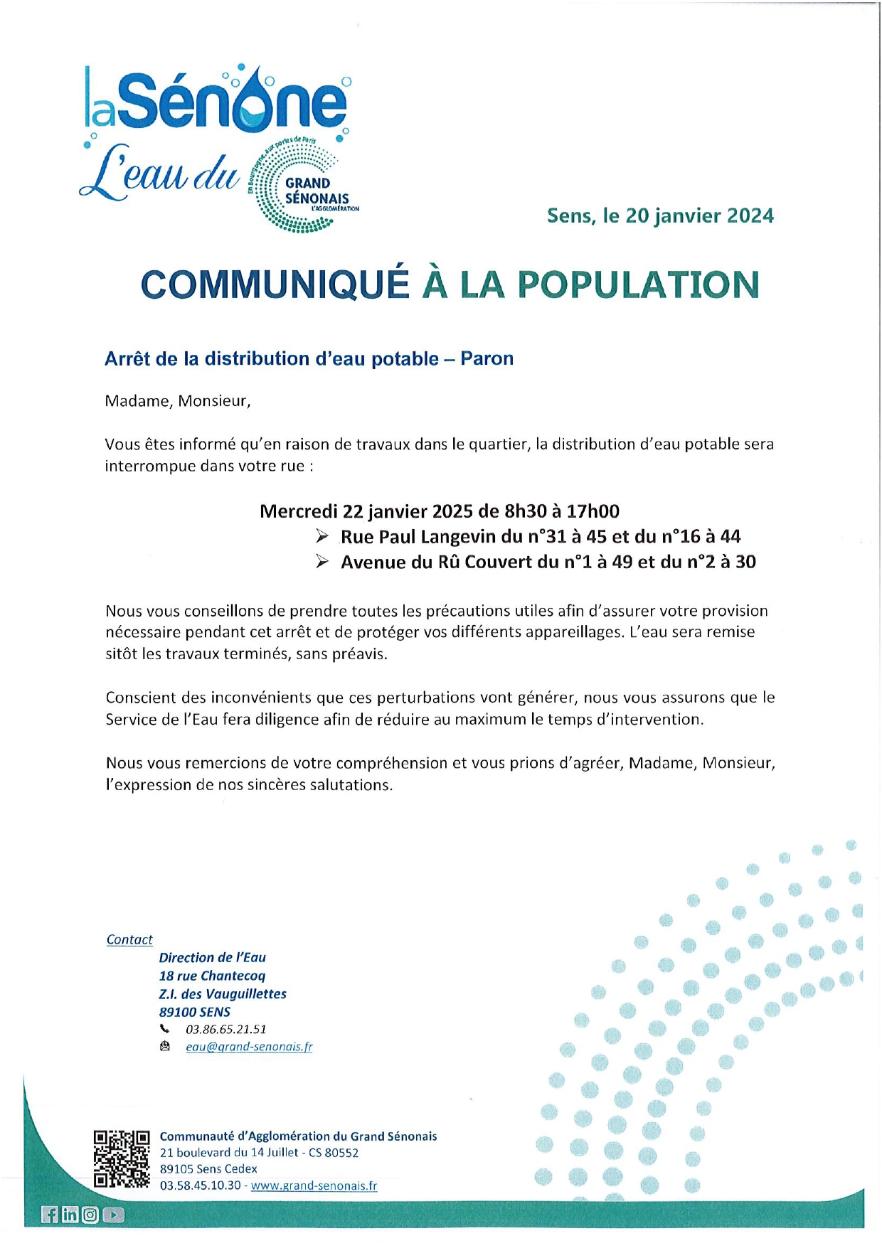 Arrêt de la distribution d'eau potable 